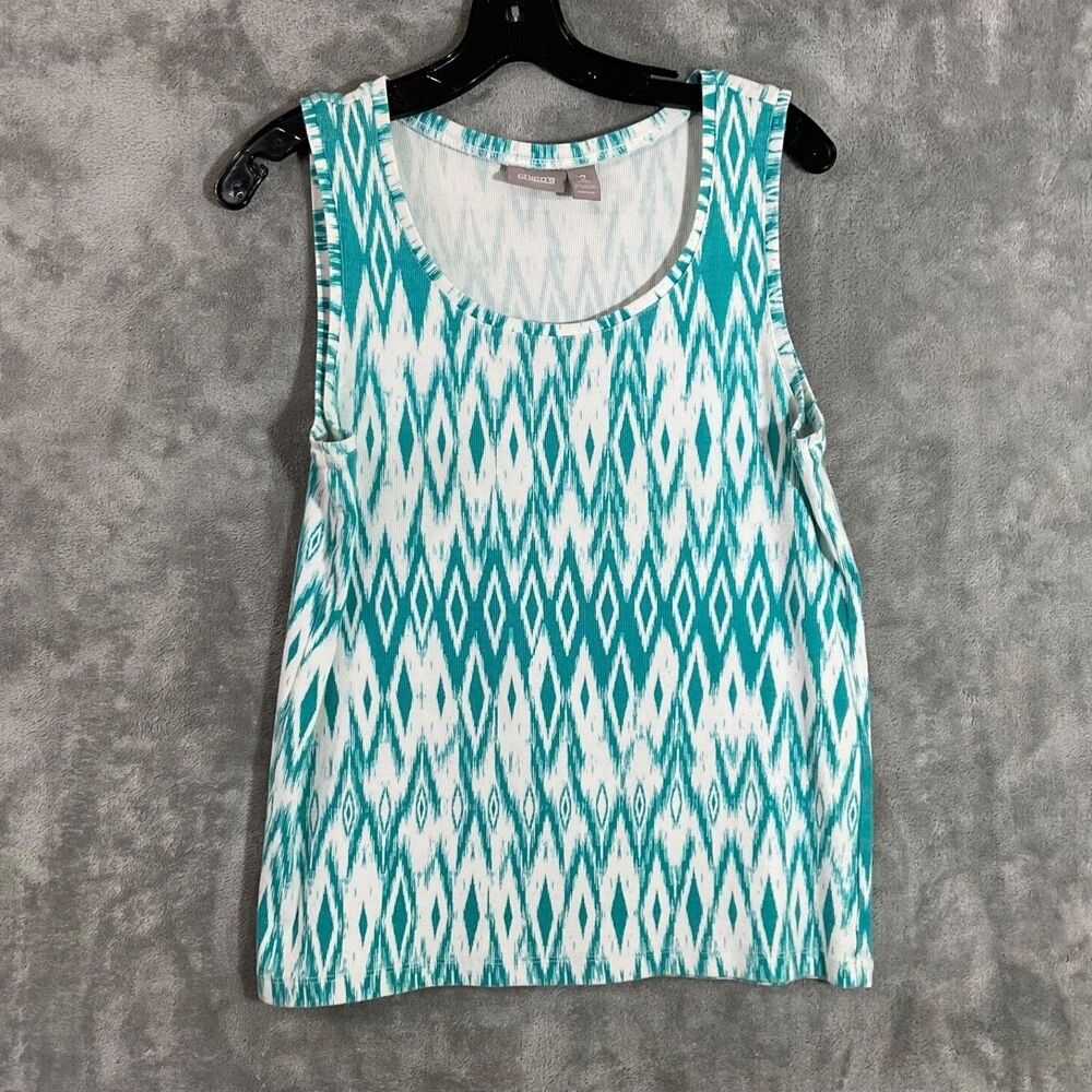 Chicos Tank Top Size 2 Blue Green Ikat print Sleeveless L cotton / spandex